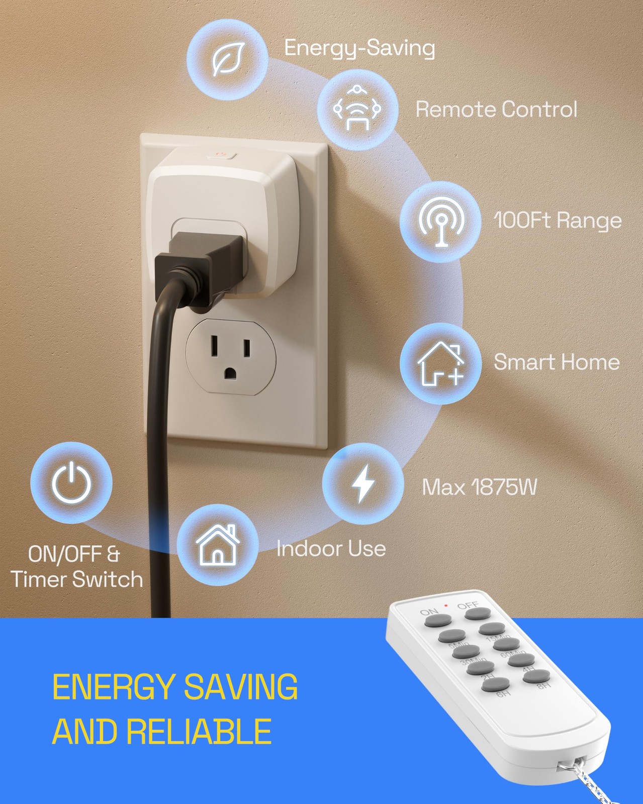 HBN Remote Control Outlet Indoor Remote Timer Outlet with 8 Timer Settings Pl…