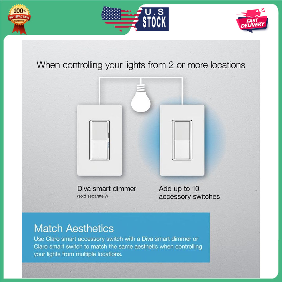 Lutron Caseta Claro Accessory Switch 3 Way for Diva Claro Smart White