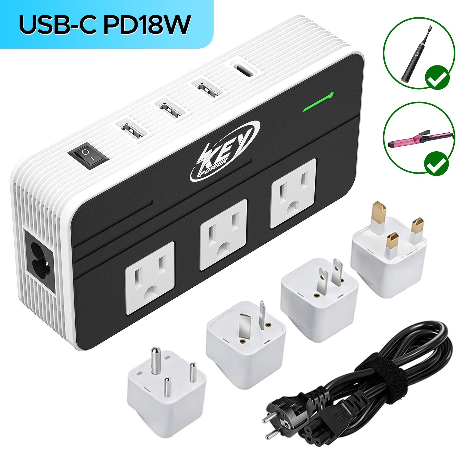 2-Outlet 4 USB International Adapter ,220V to 110V Step Down Voltage Converter