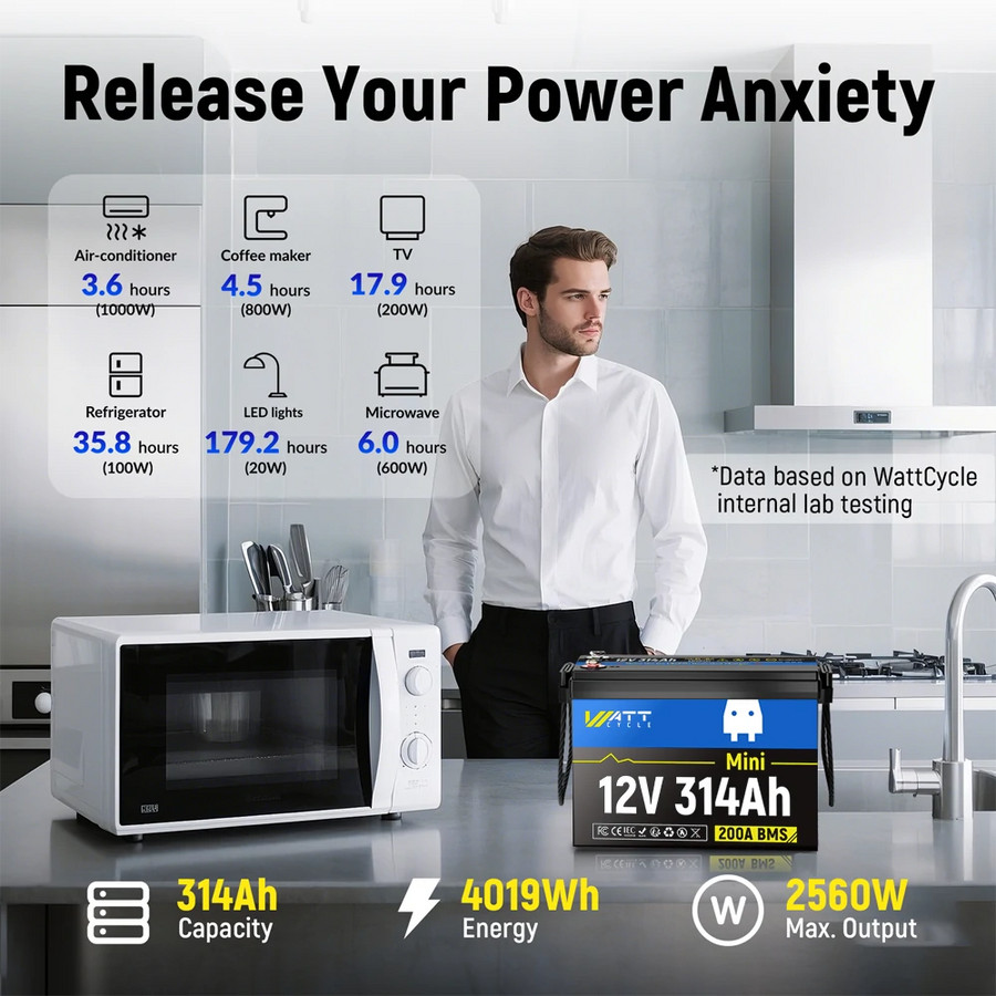 WattCycle 314Ah 12V 300Ah LiFePO4 Lithium Battery 4019Wh 200A BMS for Off-Grid
