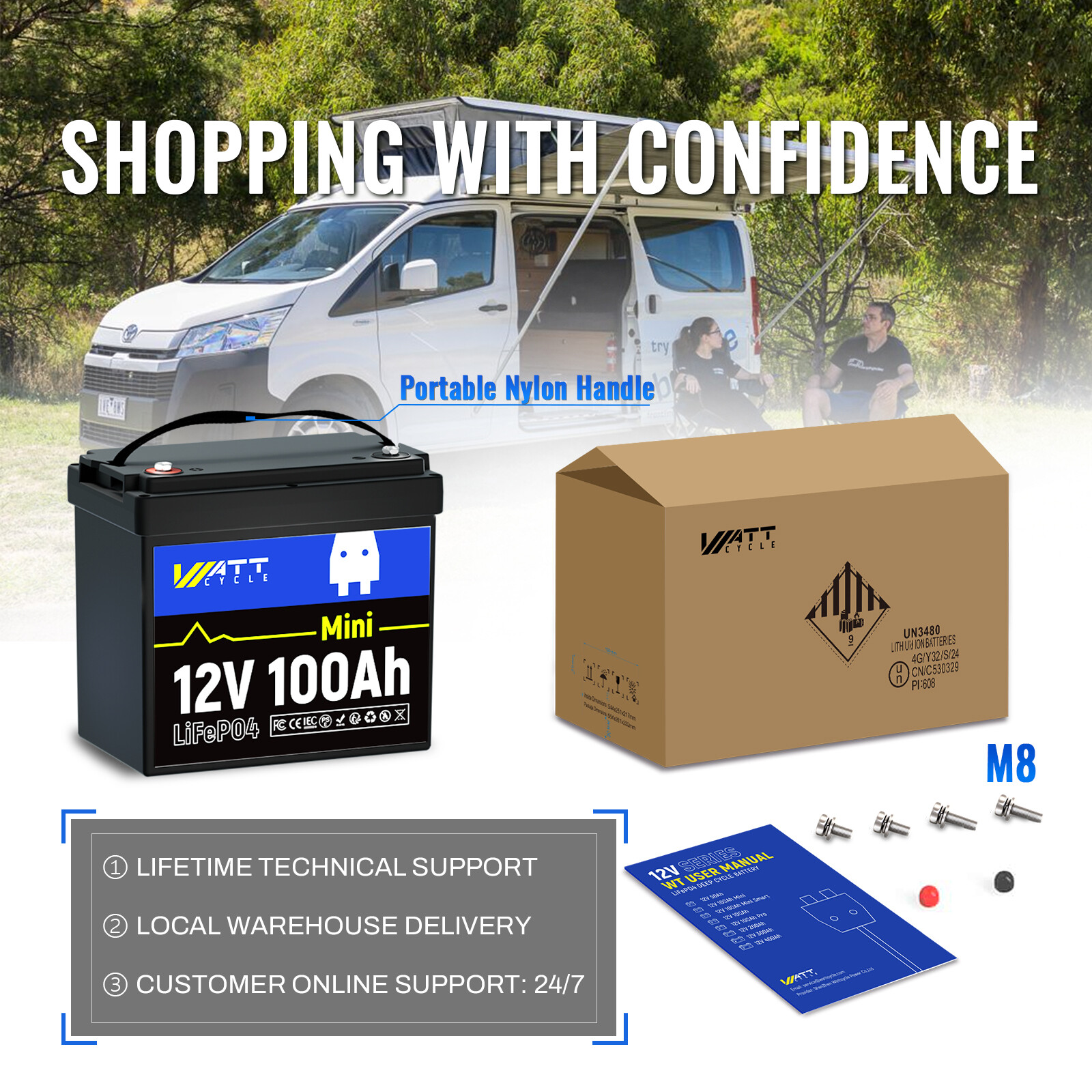 WattCycle 12V 14.8V 100Ah Lithium Iron Phosphate Mini Battery RV Camping Solar
