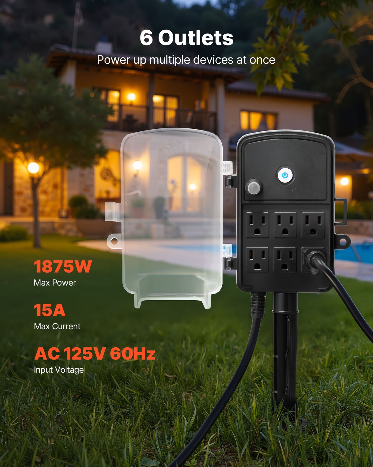 VEVOR Outdoor Power Stake Waterproof Power Strip 6 Outlets 15 FT Extension Cord