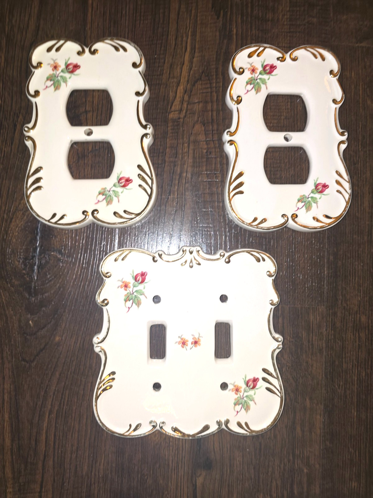 Vintage Floral Rose Ceramic Double Switch & 2 Outlet Plate Cover Set Decor