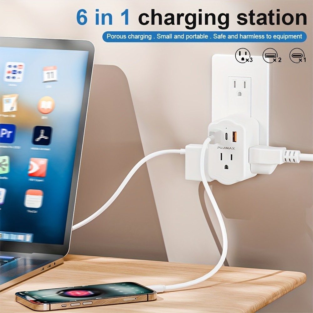 Multi Functional Wall Socket With 2 USB Ports, 1 Type-C Port, And 3 AC Plug Port