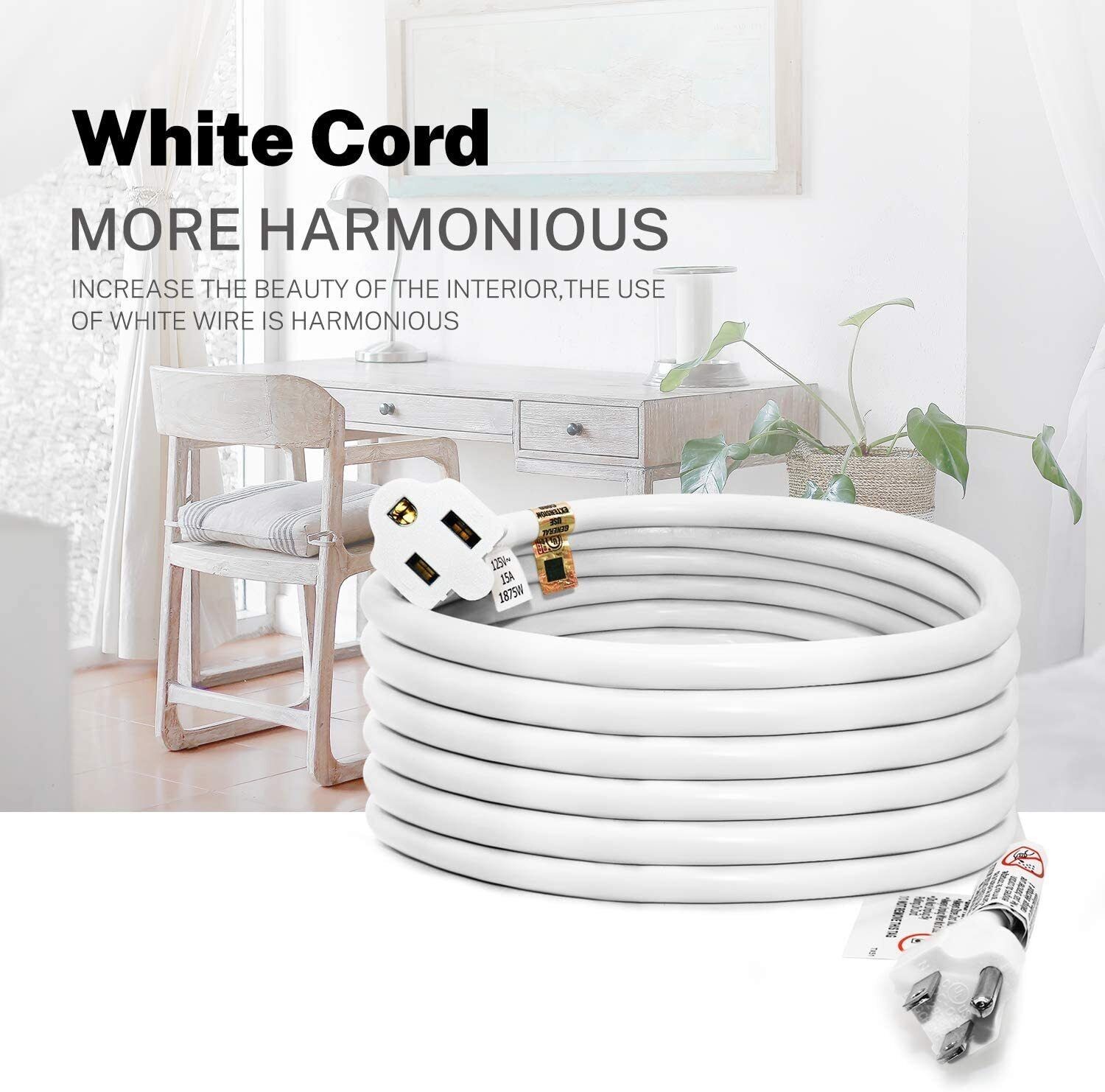 6/8/25/50FT 16/3 Extension Cord Indoor Outdoor White Heavy Duty Extension Cord
