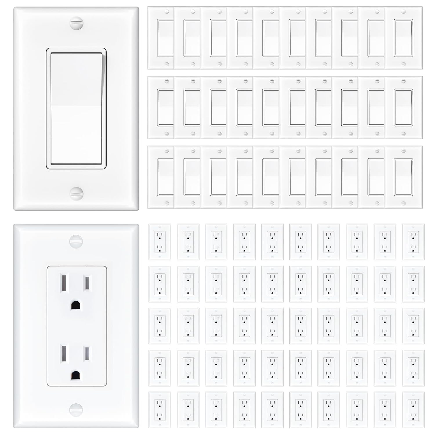 30 Pack Light Switch & 50 Pack Wall Outlet with Wall Plates, UL Listed