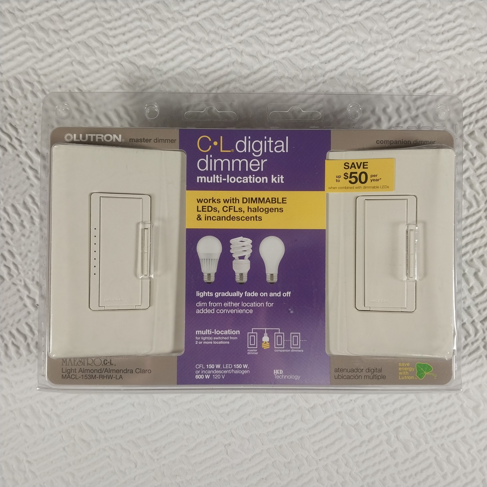 Lutron CL Digital Dimmer Multi-Location Kit MACL-153M-RHW-LA Master & Companion