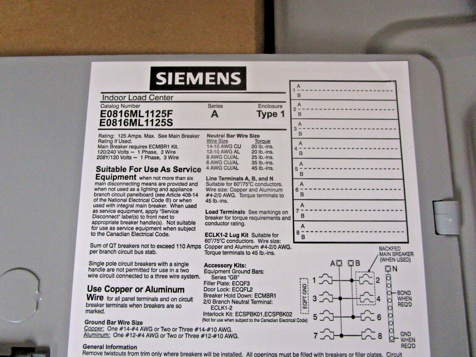 1)Siemens 125amp 120-240 V,8 space 16 circuits Flush Mount Circuit Breaker Panel