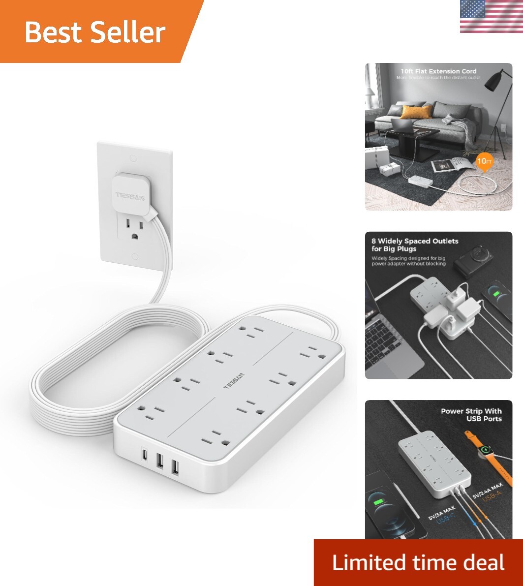 Multi-Port Charging Station 10FT Extension Cord with 8 Outlets & USB Ports