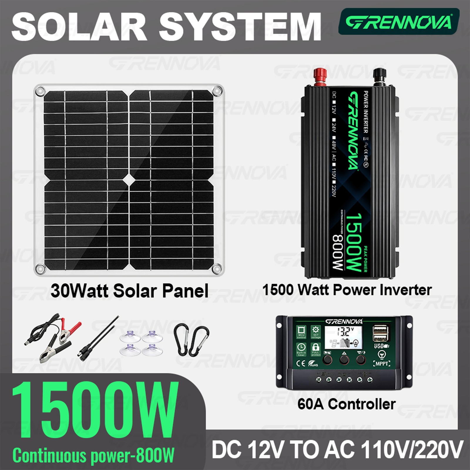 Grennova 1500W Solar Kit 30W Panel 60A MPPT Off-Grid RV Van Farm Emergency