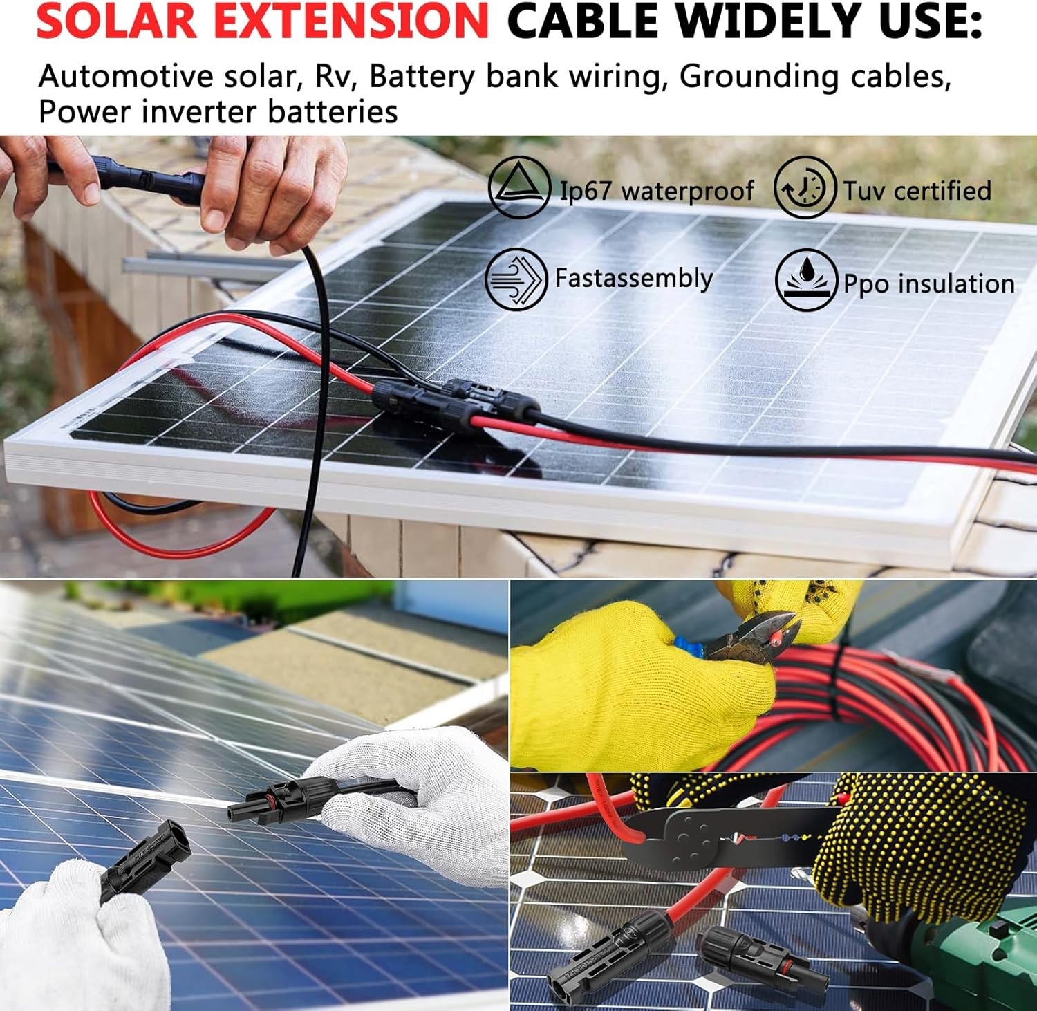 10AWG Tin Plated Copper Solar Panel Extension Cables with Waterproof Connectors