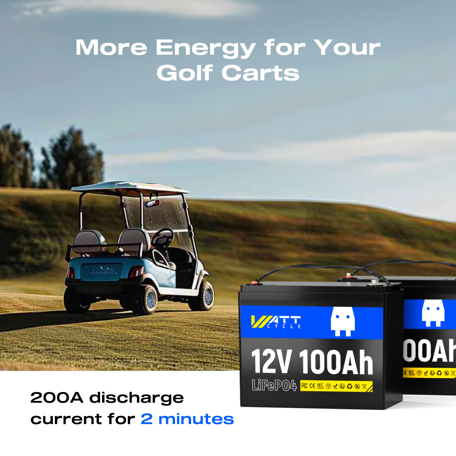 WattCycle 12V 100Ah 100A BMS Group 24 LiFePO4 Lithium Mini Battery RV Camping