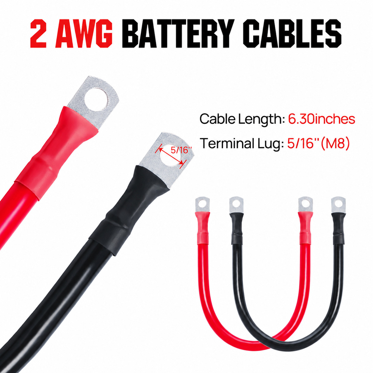 ECO-WORTHY 4 Pack M8 2AWG Battery Cable with 5/16” Lug Terminals 6.3inch Cables