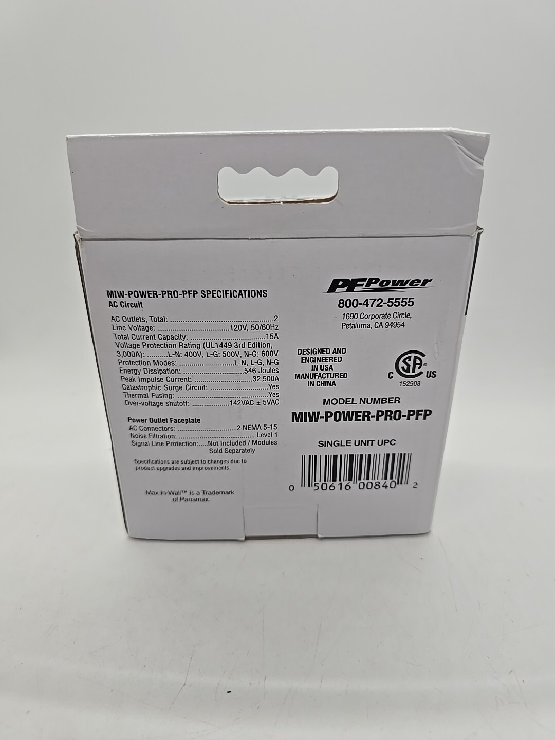 Panamax PFpOWER MIW-POWER-PRO-PFPIN in wall power 2 outlets surge protector EF