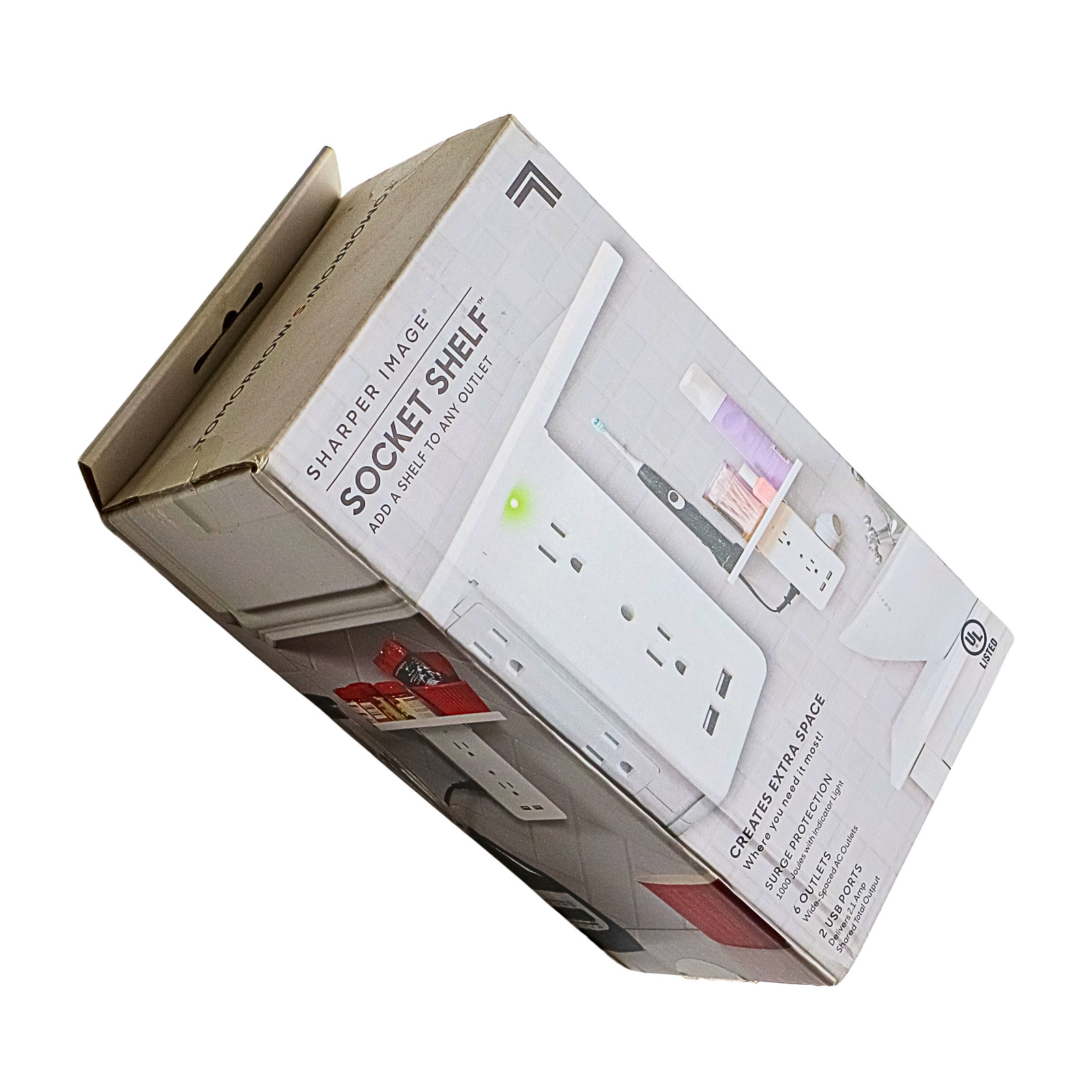 Sharper Image Surge Protection Socket Shelf 8in x 3.25in White