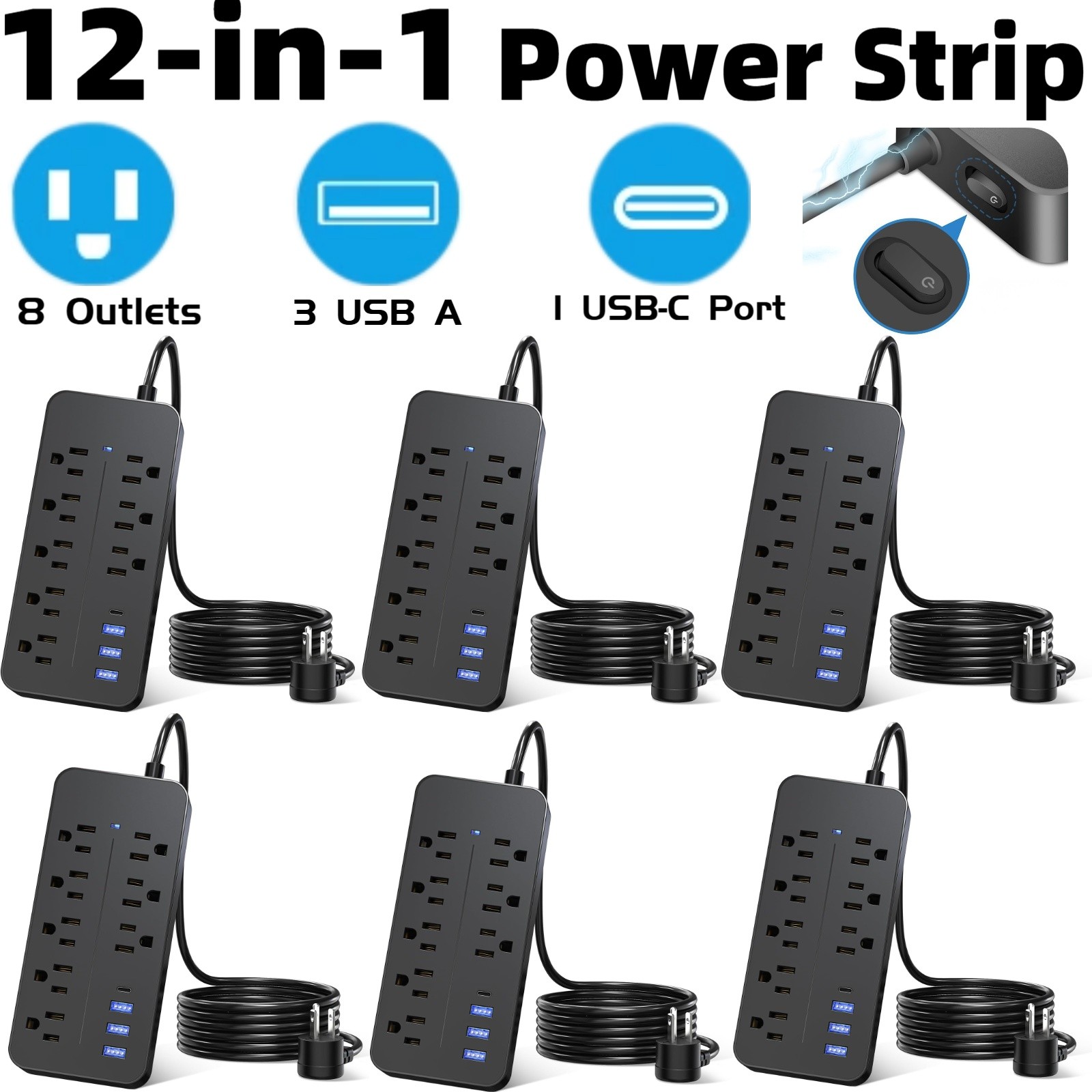 12in1 Power Strip Surge Protector 8 AC Outlets 3 USB Ports Type C Port 4ft Cord