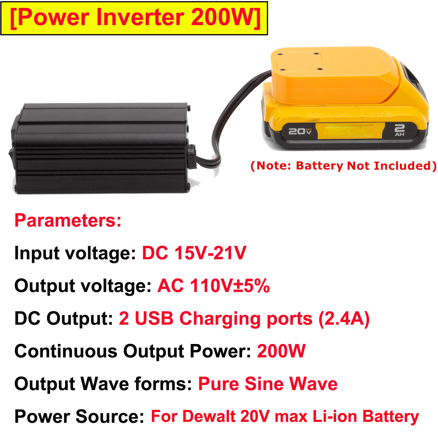 Power Inverter For Dewalt Battery DC18-20V to AC 110V Dual USB Outdoor Pure Wave