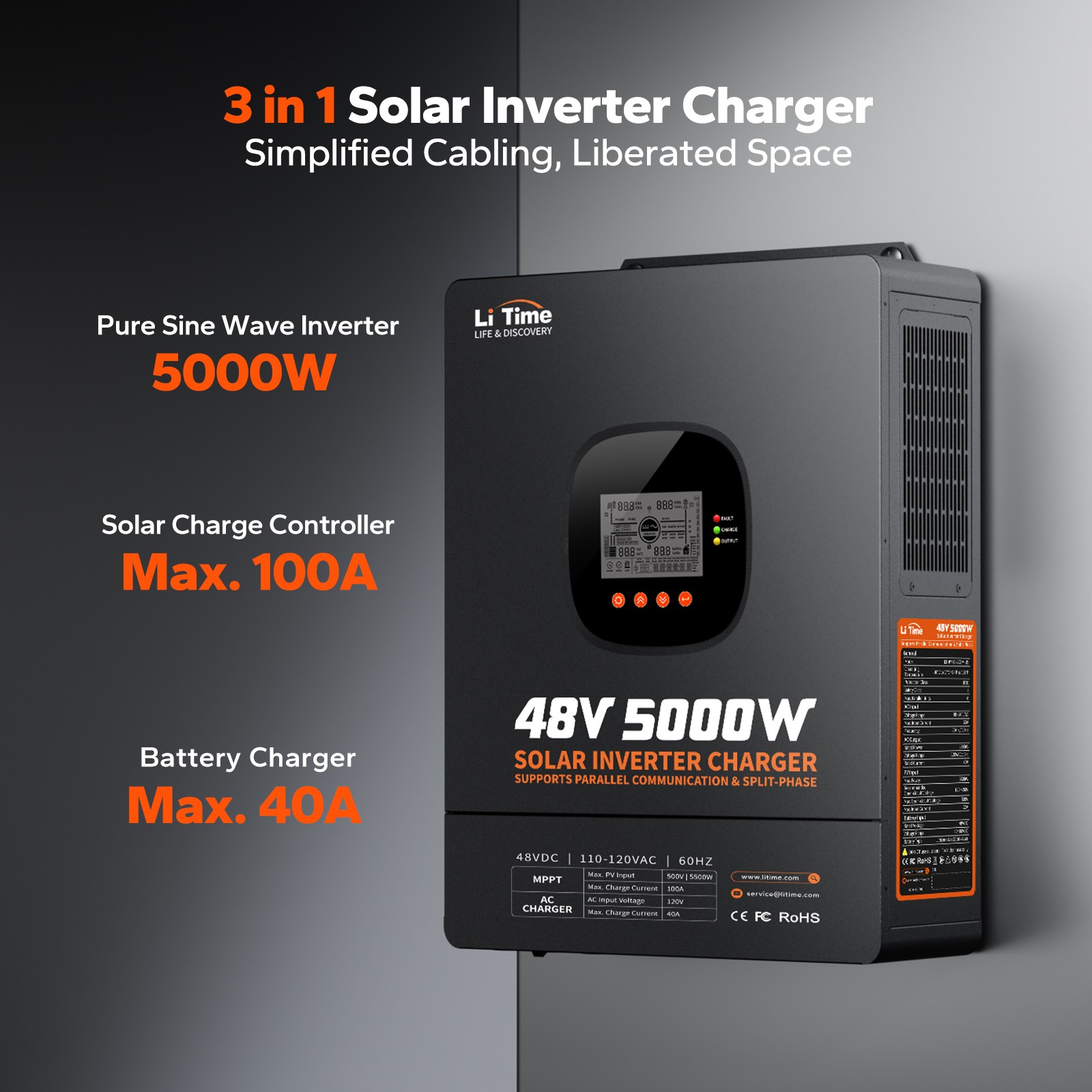 LiTime 48V 5KW Split Phase 3 In One Solar Inverter Charger For Home UPS off-grid