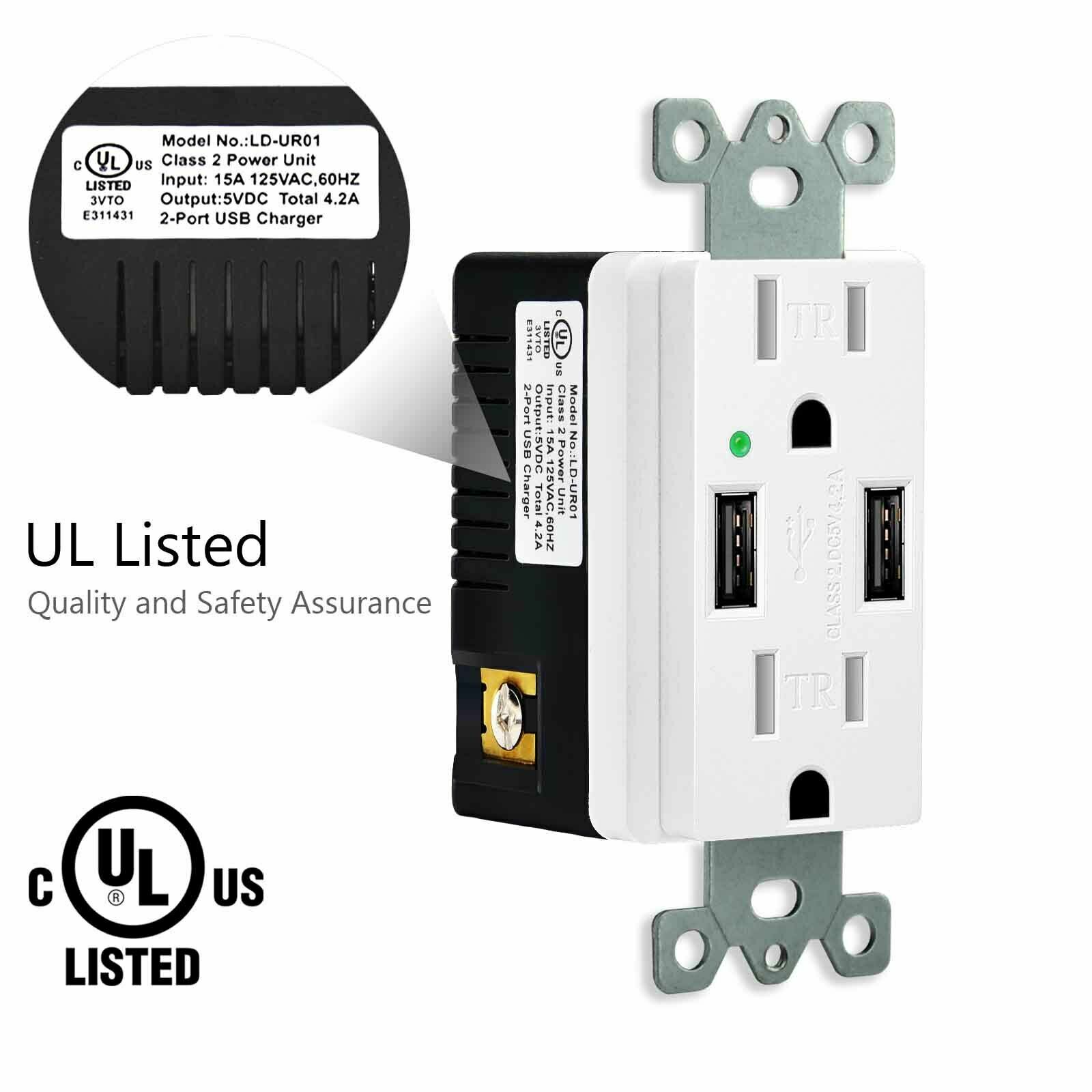 Wall Outlet with 4.2A Dual USB Charger Socket Tamper Resistant Receptacle White