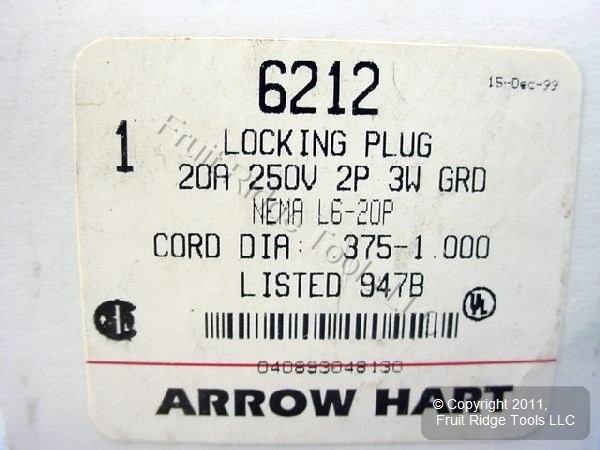 Arrow Hart L6-20 Locking Plug Turn Lock NEMA L6-20P 20A 250V 6212