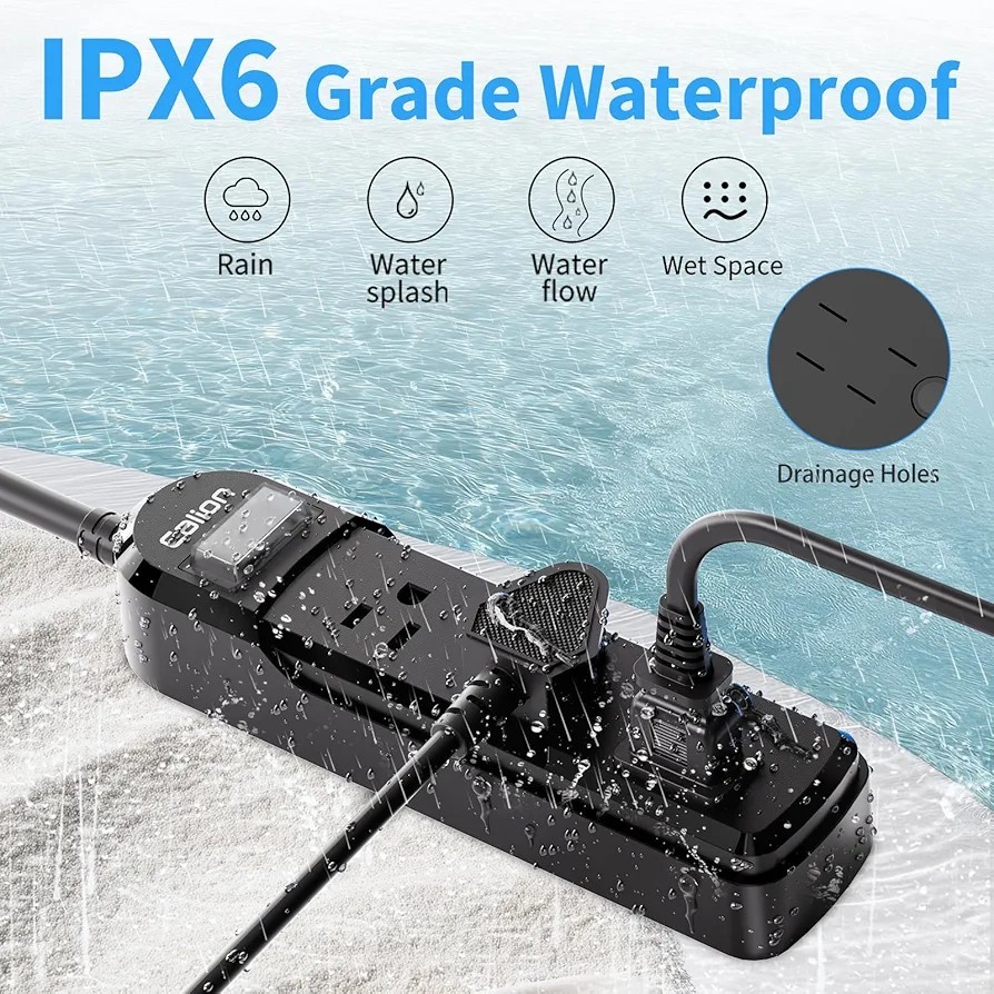 Indoor/Outdoor Power Strip 3 AC Outlets IPX6 Waterproof Surge Protector 6ft Cord