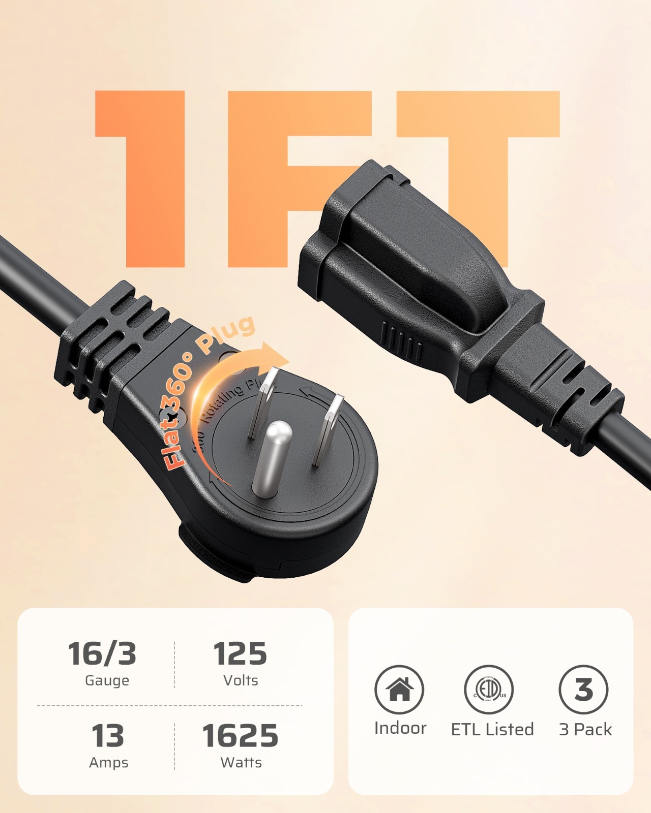 DEWENWILS 360 Rotating Flat Plug Extension Cord 1FT Short Power Cord 3PK