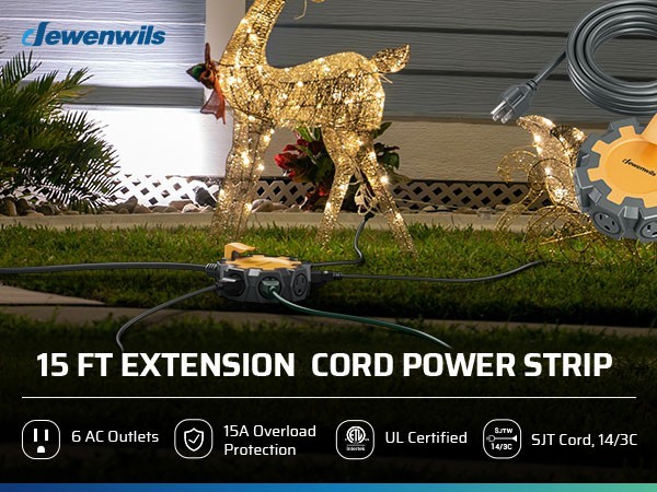 DEWENWILS 15FT Garage Extension Cord, 6-Outlet Circular Hub, Hook Design