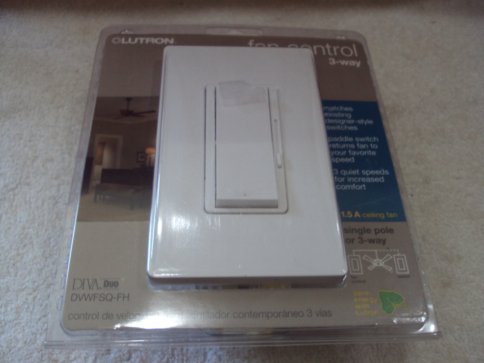 Lutron DVWFSQ-FH-AL 1.5 Amp Diva Single-Pole or 3 Way Fan Control w/ Wallplate
