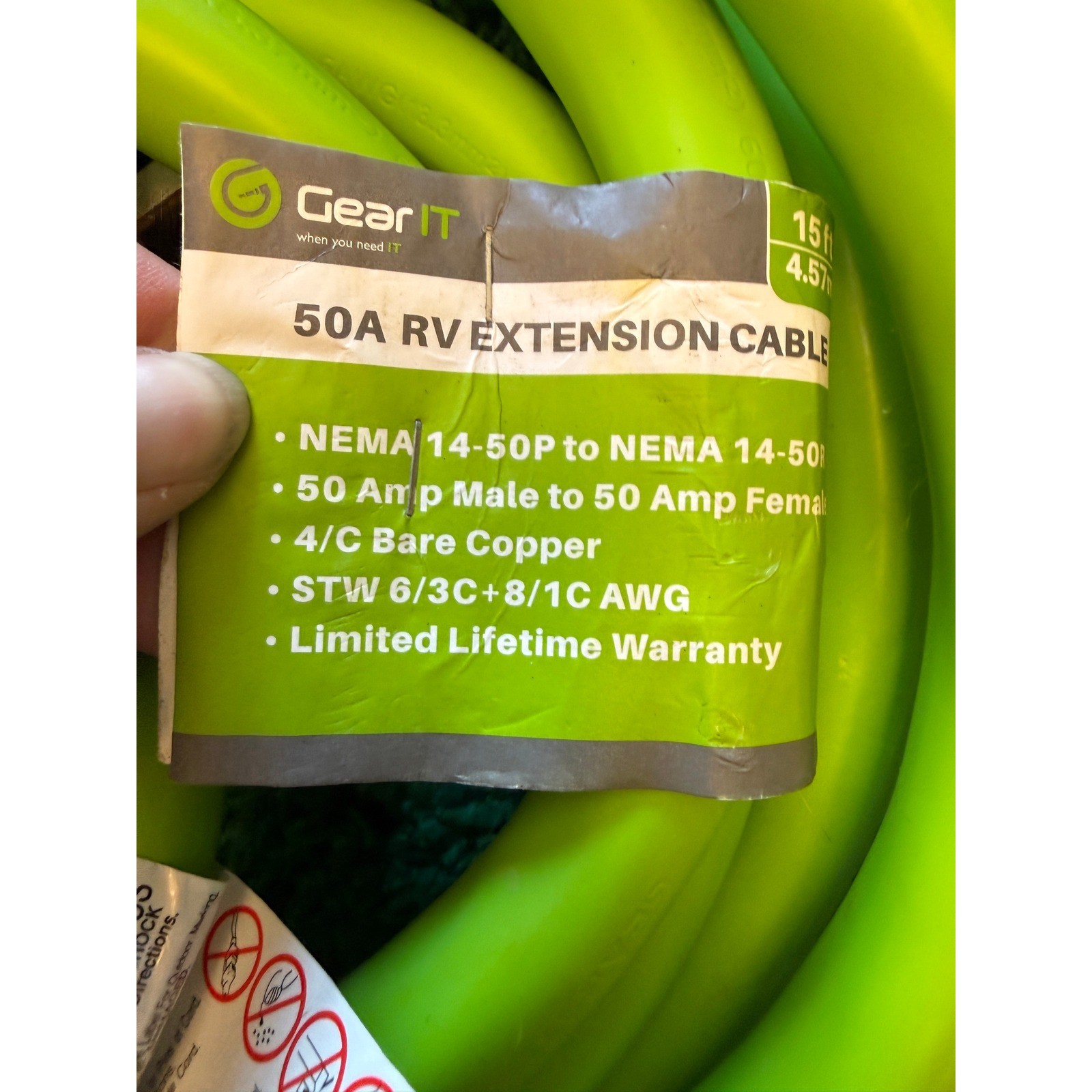 GearIT RV Extension Cable 50A 15ft Green Excellent 14-50P 14-50R STW 6/3+8/1 AWG