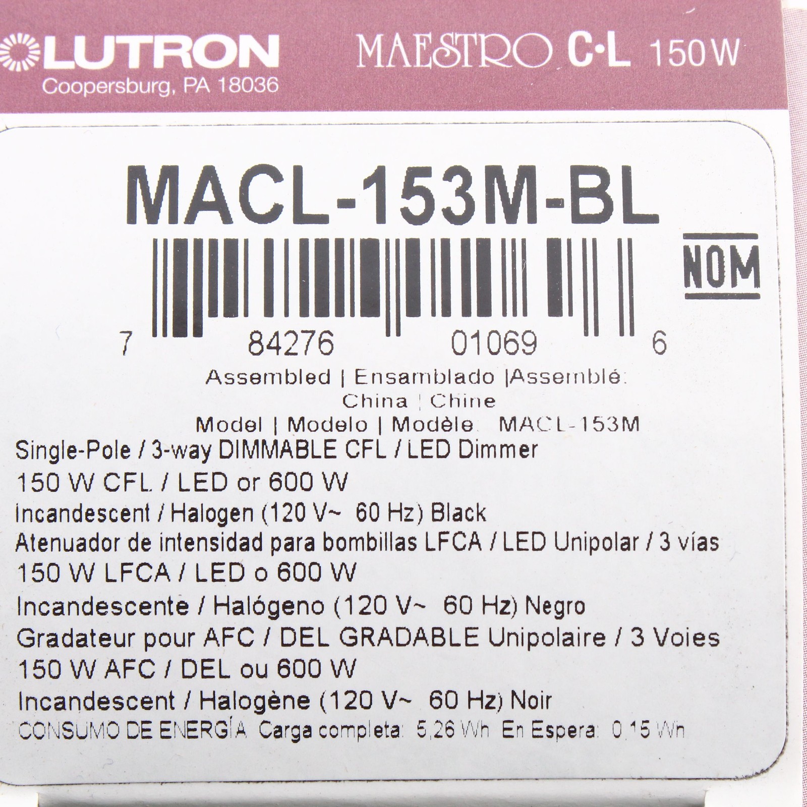 Lutron Black 1-Pole Multi-Location Slide Dimmer Rocker Switch 120V MACL-153M-BL