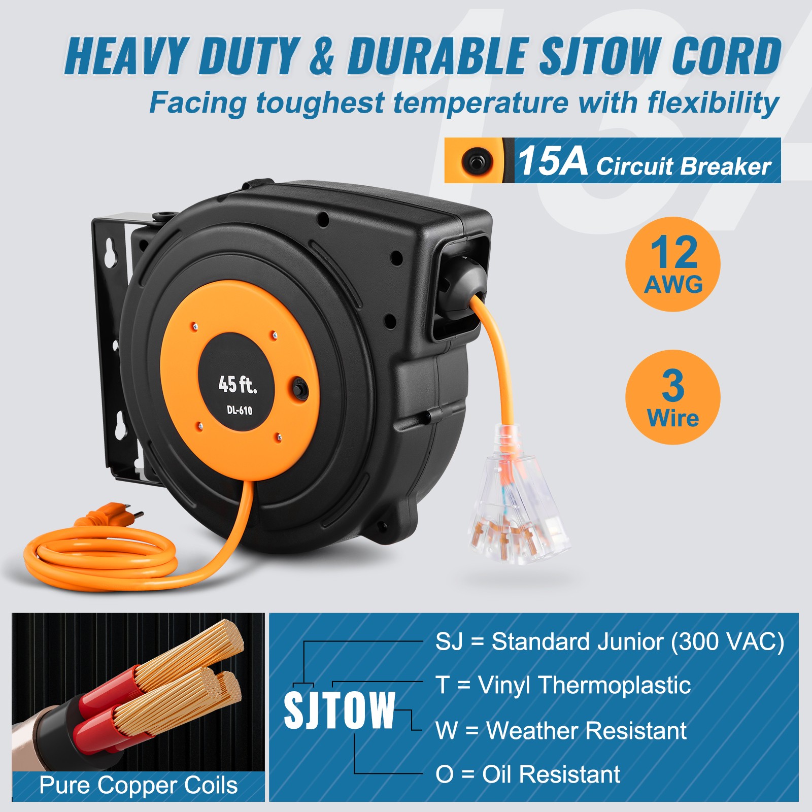 VEVOR Retractable Extension Cord Reel Power Cord Reel 45FT 12AWG/3C SJTOW