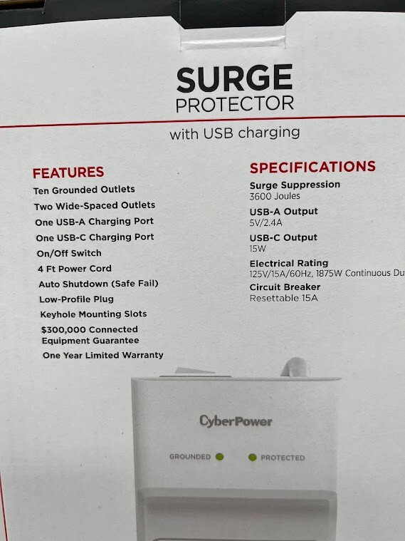 CyberPower P1004UC – 3600 J White Surge Protector, 1 USB-A and 1 USB-C Port