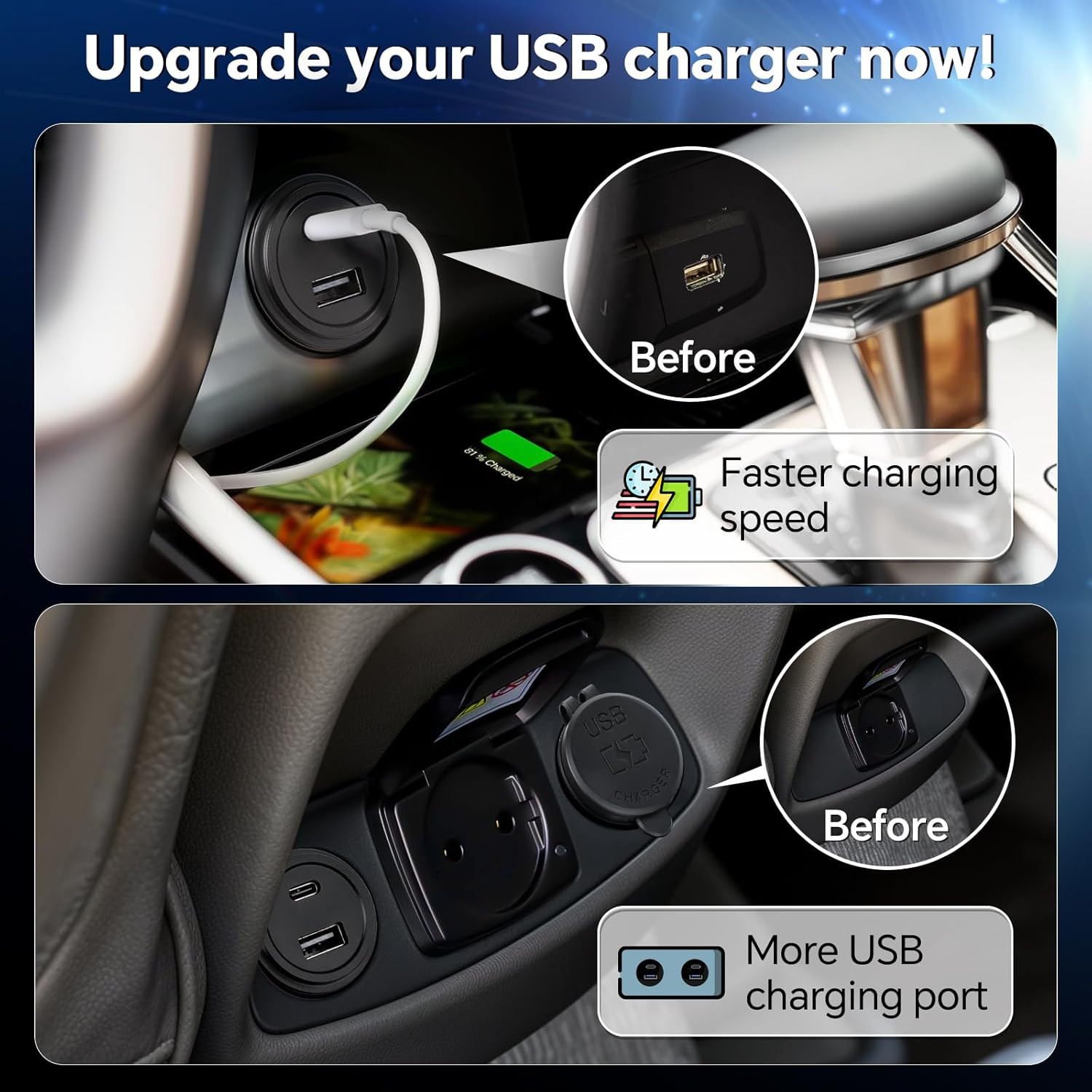 12V USB Outlet 30W PD Type-C & 18W QC3.0 Aluminum Car Charger Waterproof Dual Po