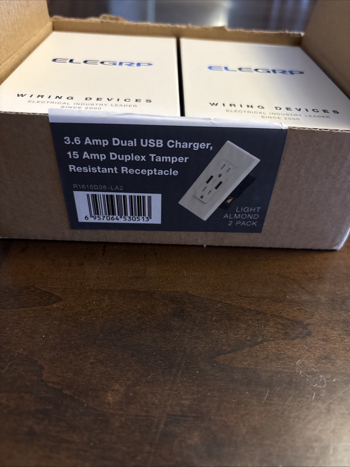 Elegrp 3.6 Amp Dual USB Charger, 15 Amp Duplex Tamper Resistant Receptcl- 2 Pack