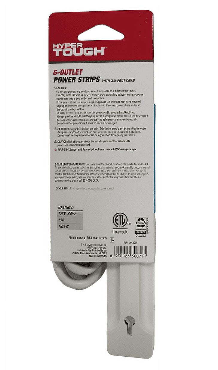 Hyper Tough 6-Outlet Power Stríp with 2.5-Foot Cord , White，15A，125V-60Hz