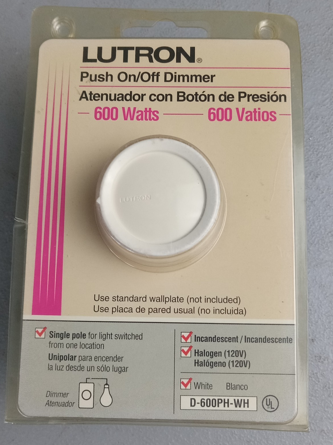 NOS LUTRON D-600PH-WH Push On/Off Light Dinner White Single Pole NEW OLD STOCK