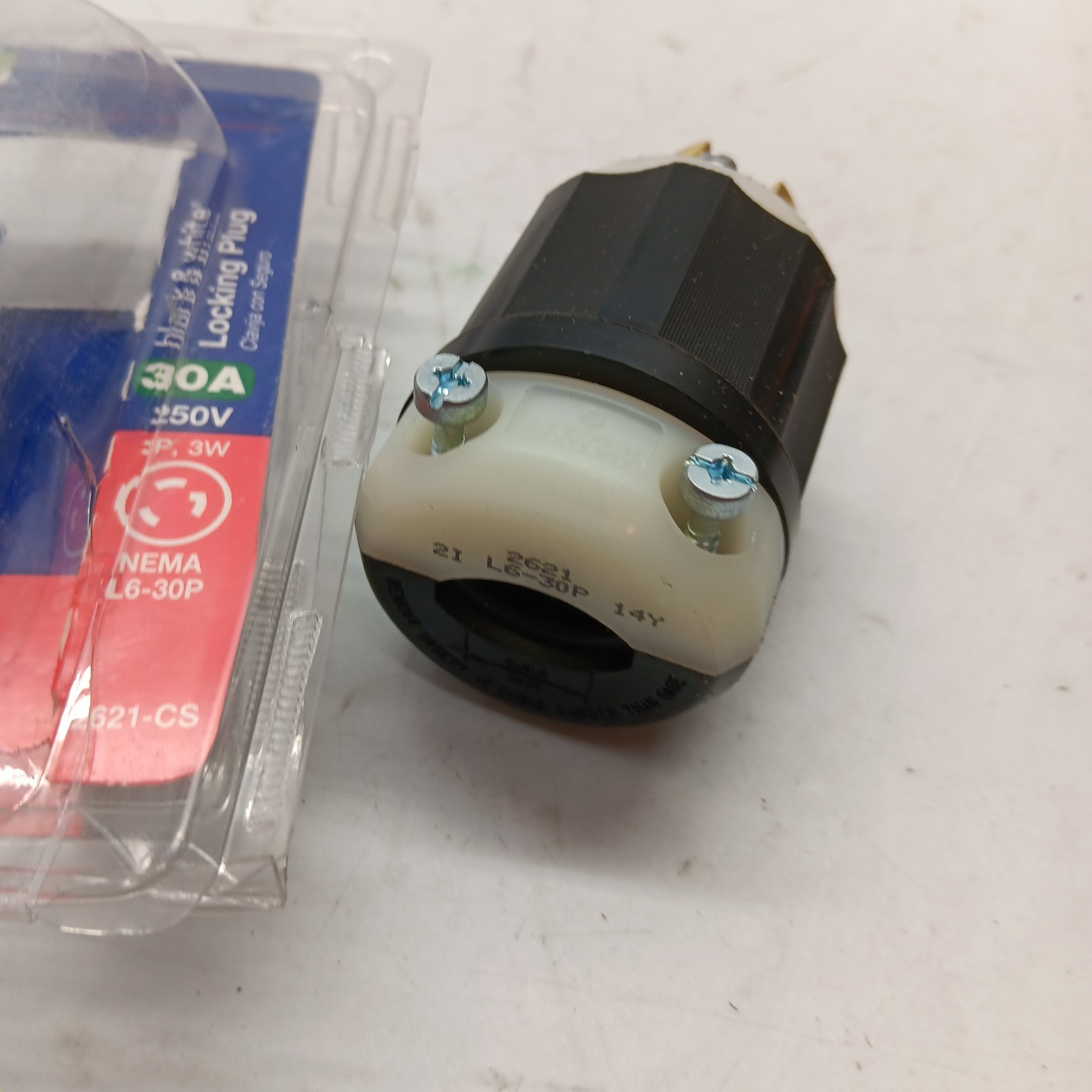 Leviton Locking Plug, 30 Amp, 250 Volt, Industrial Grade, 2621, Black & White