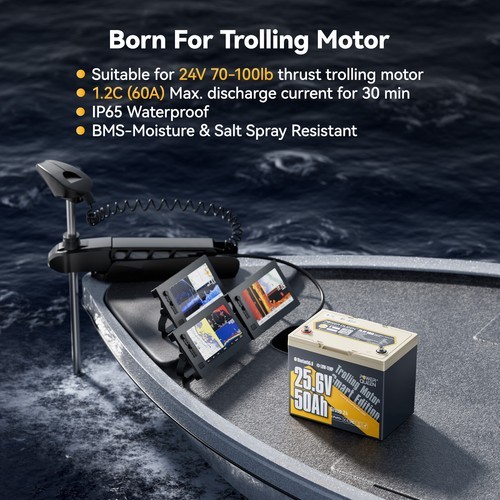 Power Queen 24V 50Ah TM Bluetooth LiFePO4 Battery for 70-100lbs Trolling Motor