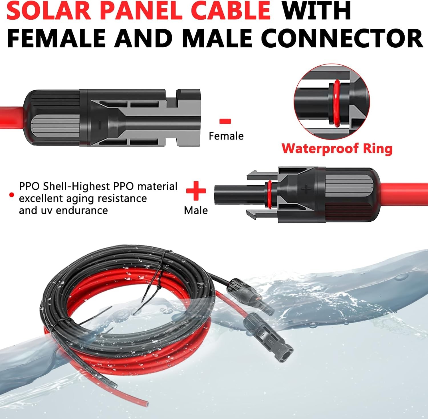 1Pair of Solar Extension Cable with Connectors Solar Panel Adaptor 10AWG 10/20ft