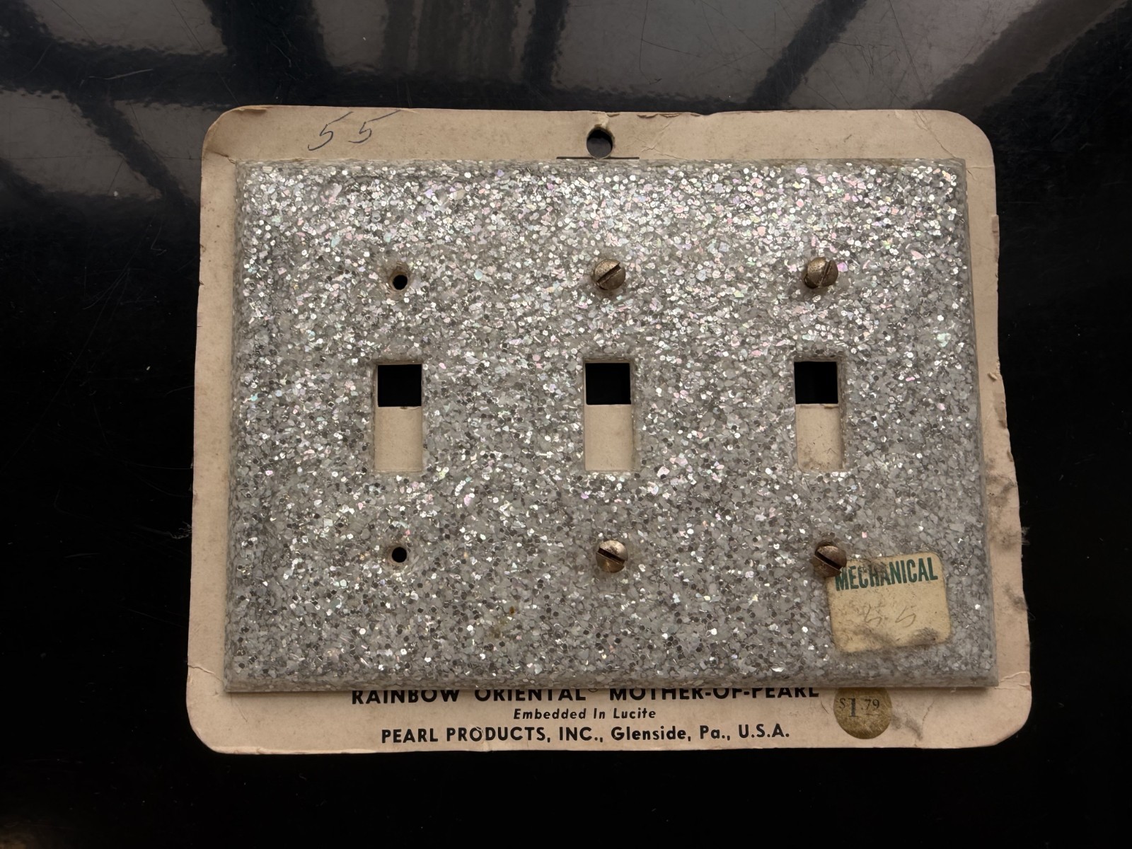 Vintage Lucite Triple Light Switch Plate Mother of Pearl Silver Glitter 50s