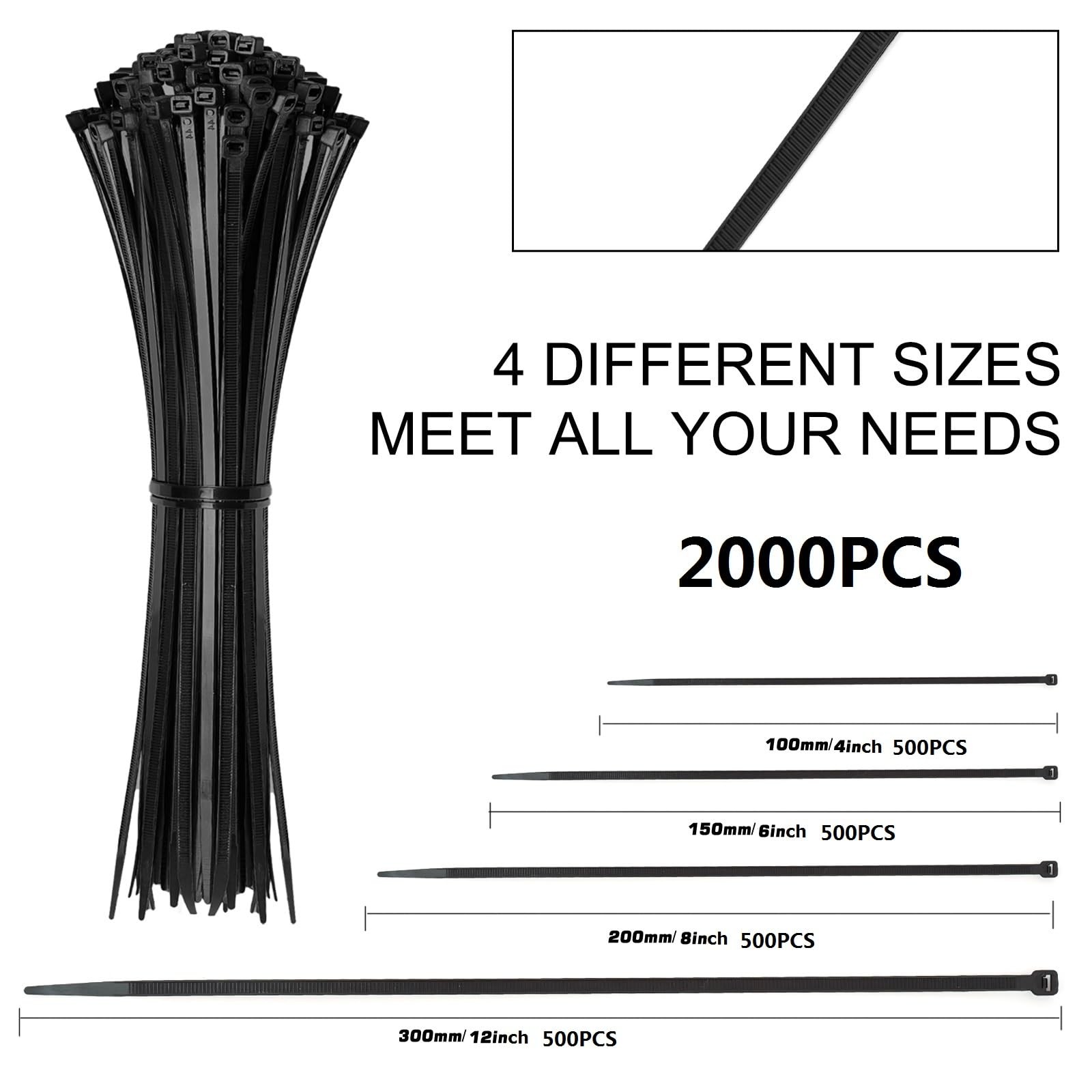Zip Ties Assorted Sizes(4”+6”+8”+12”), 2000 4+6+8+12-Inch(2000PCS Set), Black