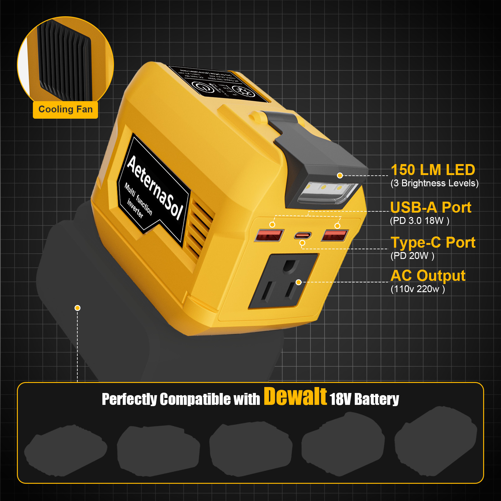 220W-250W Power Inverter for Dewalt 20V Battery AC 110V Outlet Portable Camping