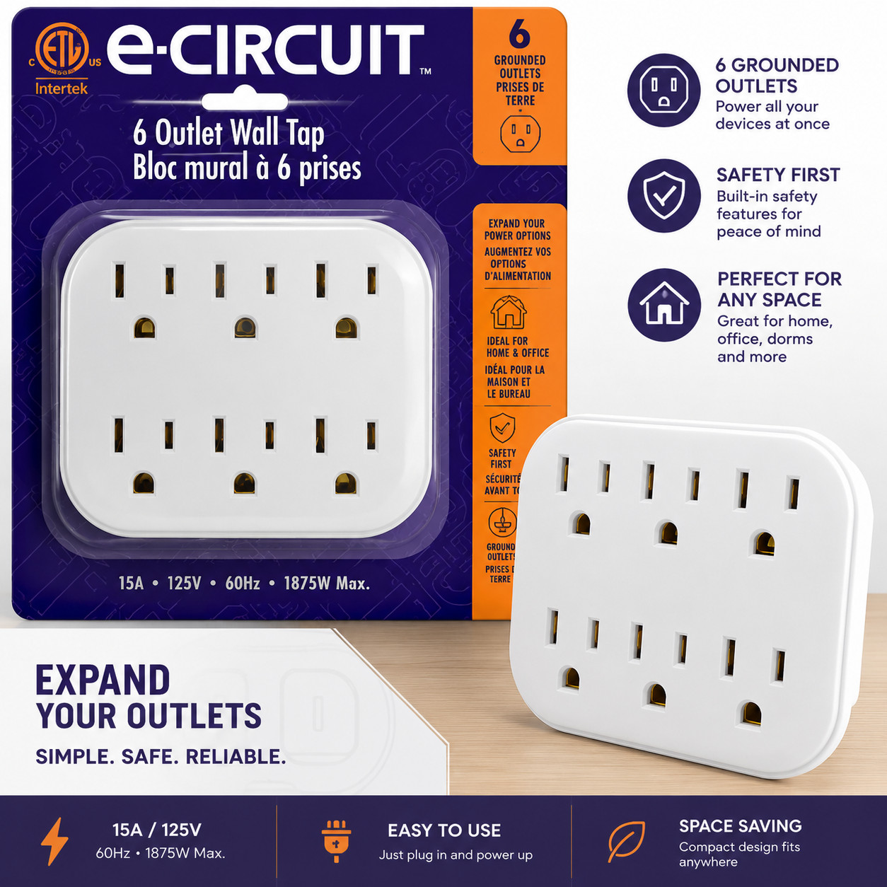 6 Outlet Grounded Wall Tap Adapter