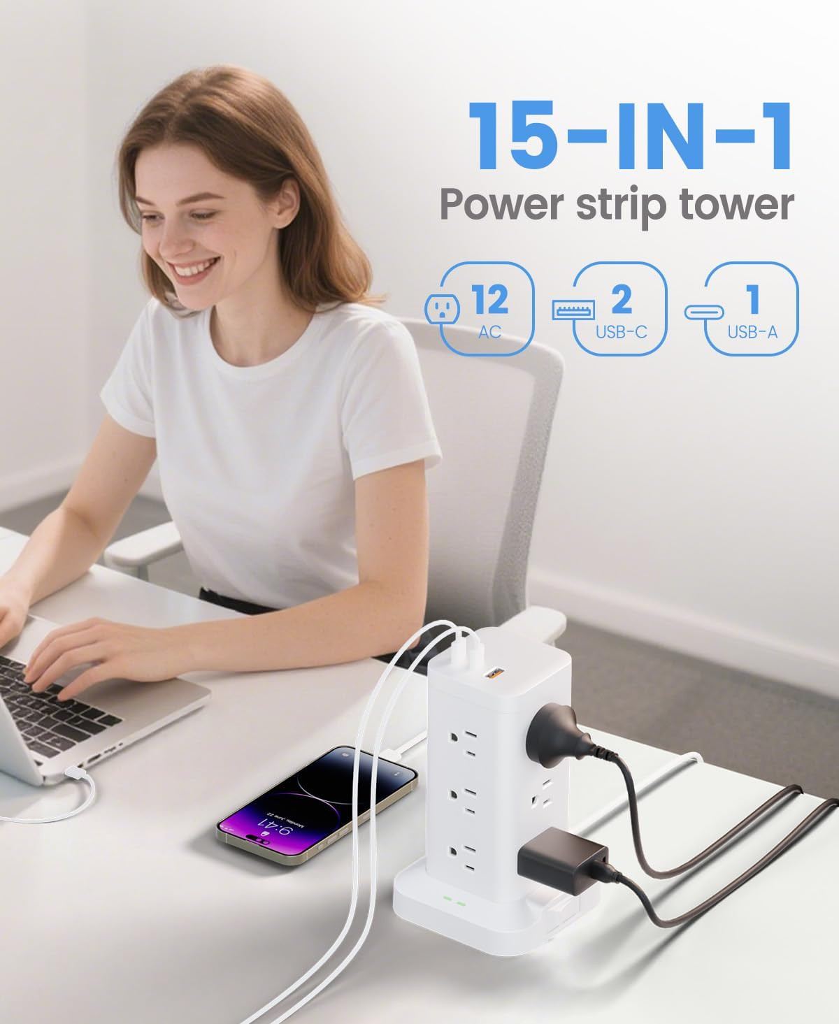 15-In-1 Power Strip Tower with Surge Protector 1800J, Fast Charging Tower PD20W