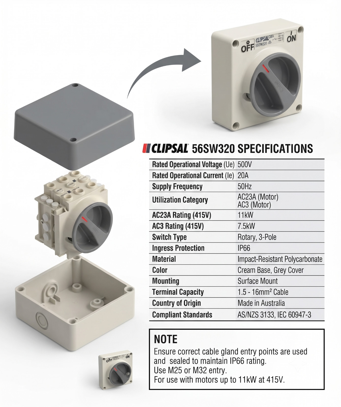 CLIPSAL 56SW320 3 POLE 20A 500V SURFACE MOUNT ISOLATOR SWITCH IP66 WEATHERPROOF
