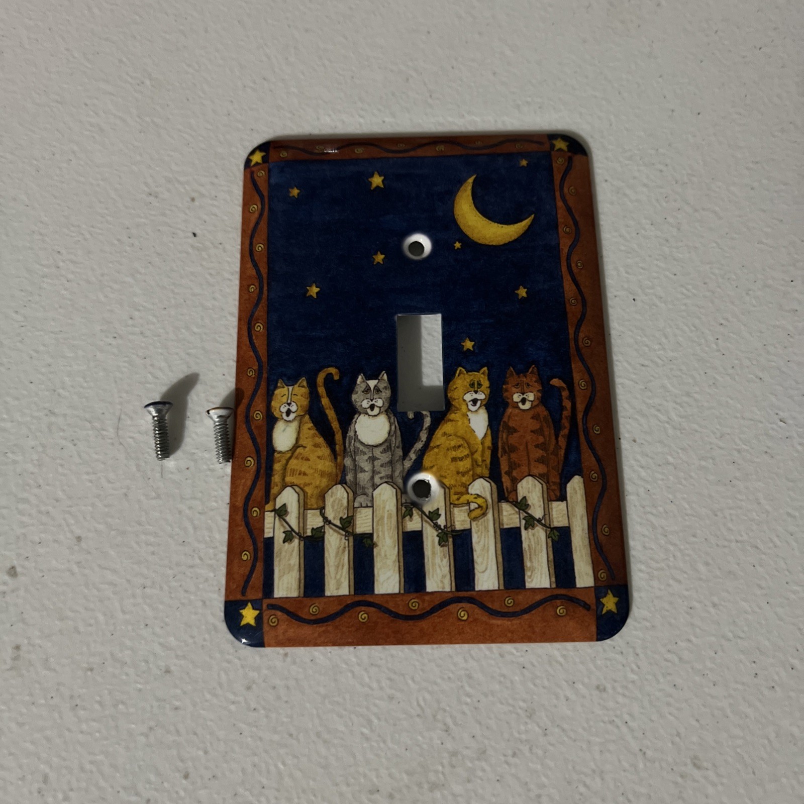Vintage Deb Strain Nightime Moon Fence Cats Metal Light Switch Plate Cover