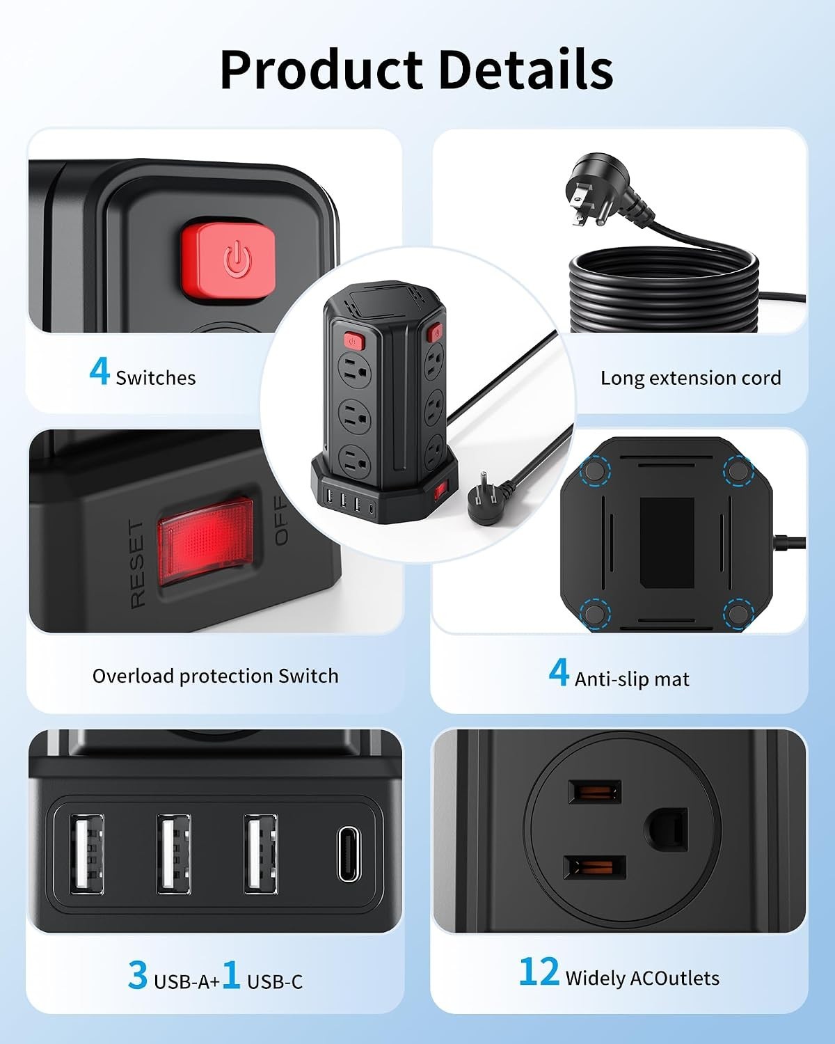 Compact 12-Outlet Power Strip with 4 USB Ports – 6.5 Ft Surge Protection Tower