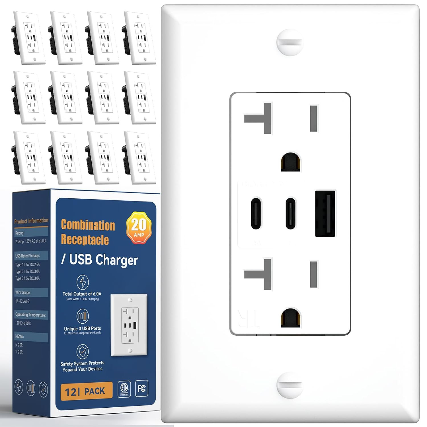 6.0A USB Outlet 6 Pack, 3-Port 30W Wall Outlets with 2 Type a & 1 Type C, 15 Amp