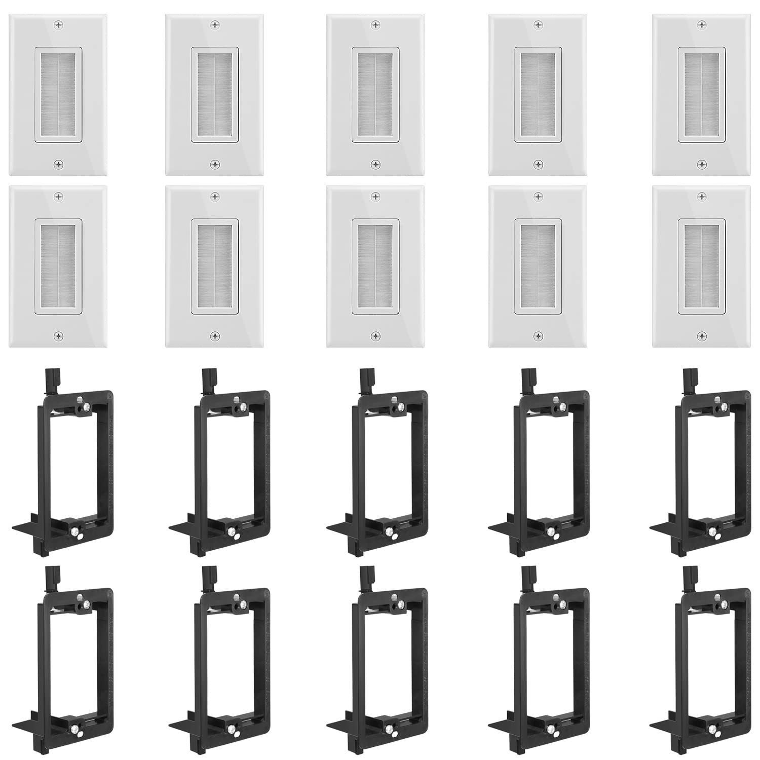 (10 Pairs) Single Gang Wall 10x Brush + Mounting Bracket, White
