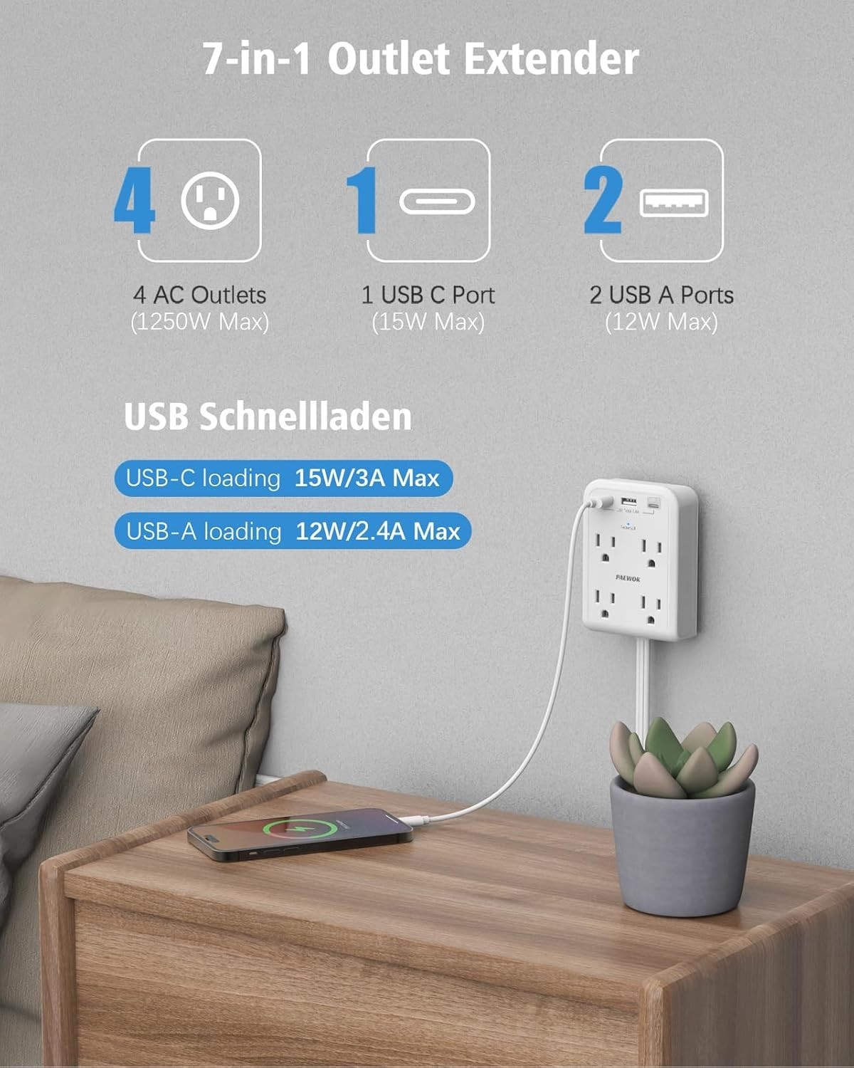 Modern 7-in-1 Electrical Outlet Extender with 3 USB Ports & Surge Protection